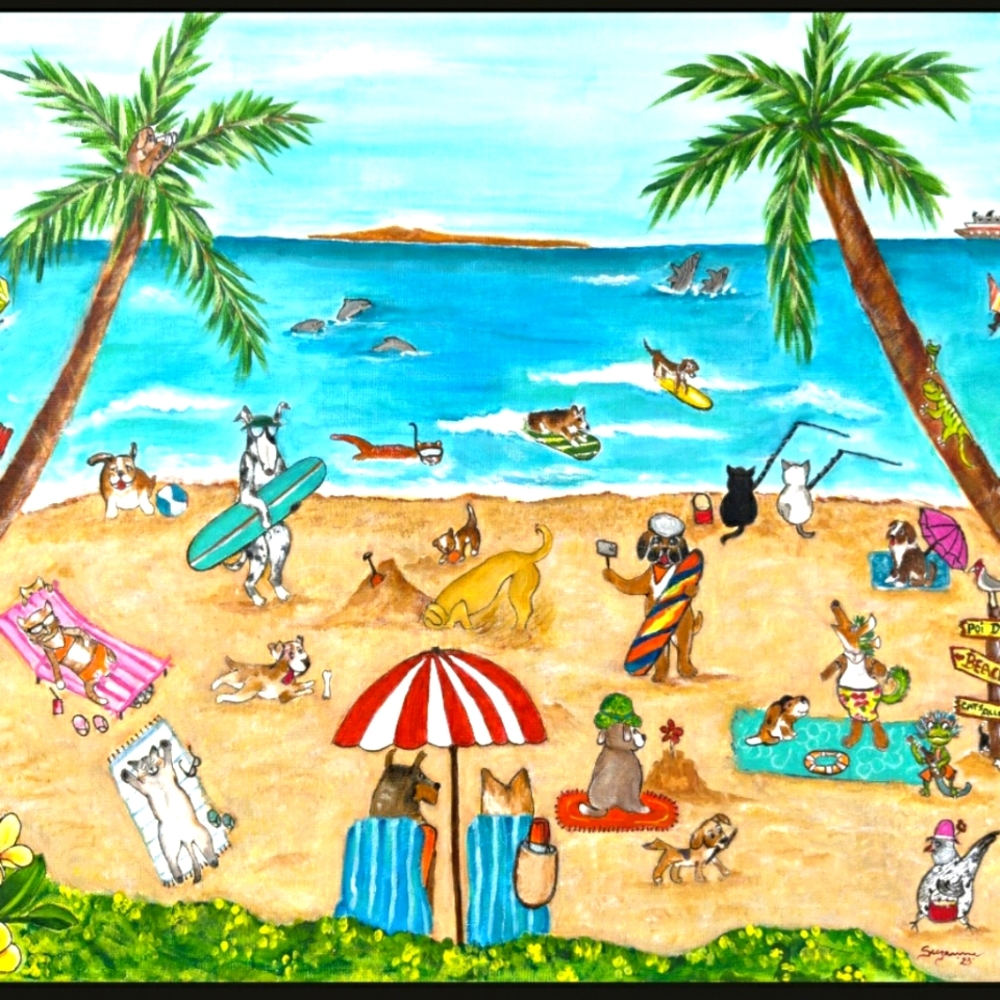 Original Art Print "Poi Dog Beach" 8×10 Hawaiian Art Matted Ready To Frame